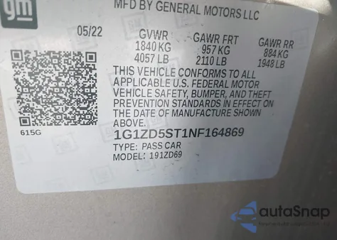 2022 Chevrolet Malibu Lt z USA, uszkodzony, nr VIN 1G1ZD5ST1NF164869